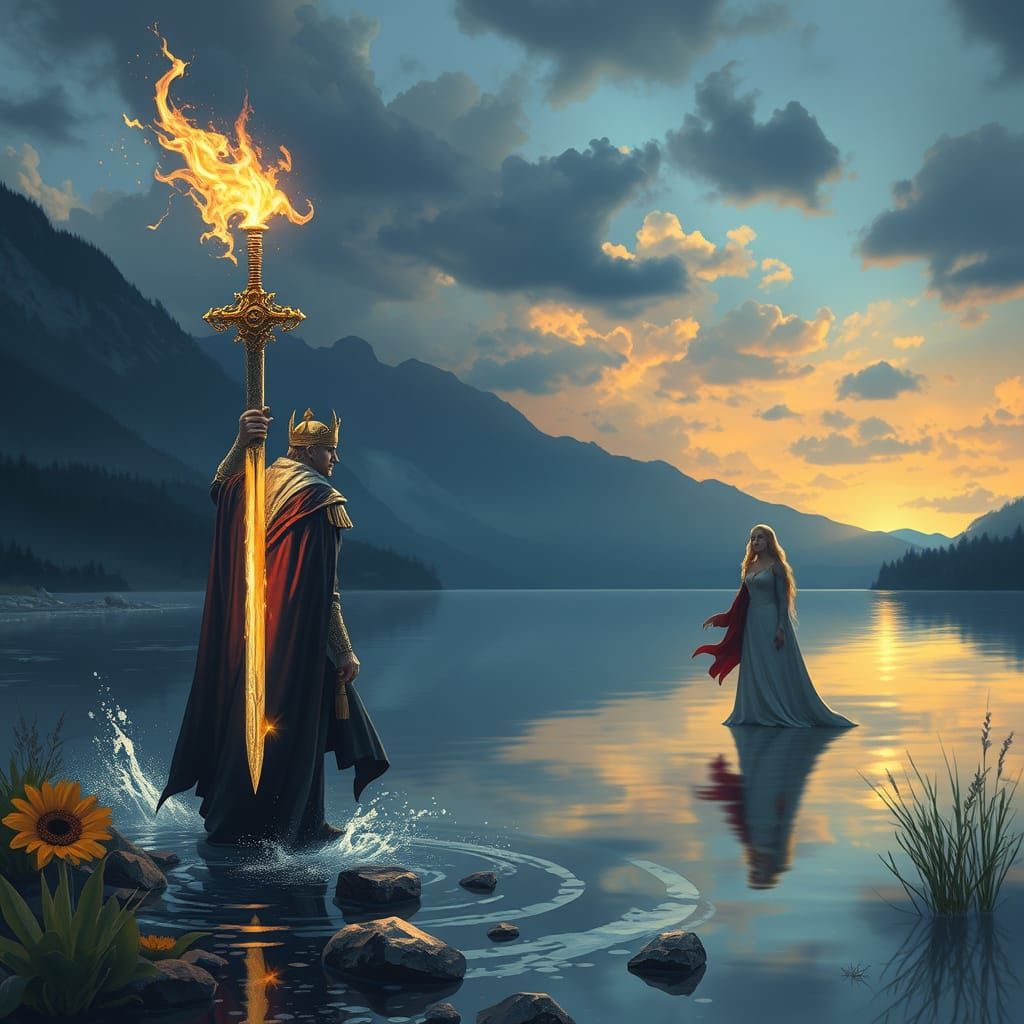 King Arthur's Legendary Sword in Majestic Lake Scene