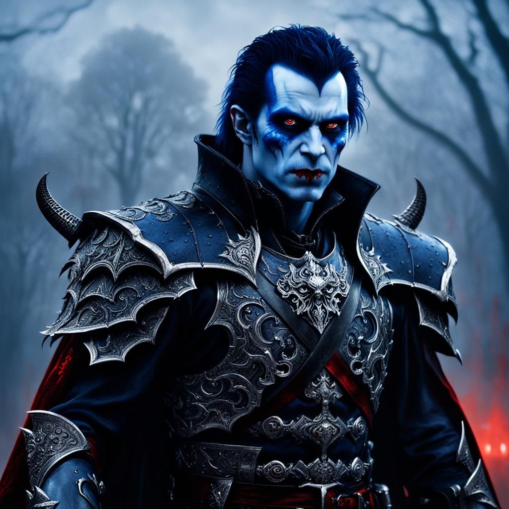 Blue-Skinned Vampire Warrior in Gothic Landscape