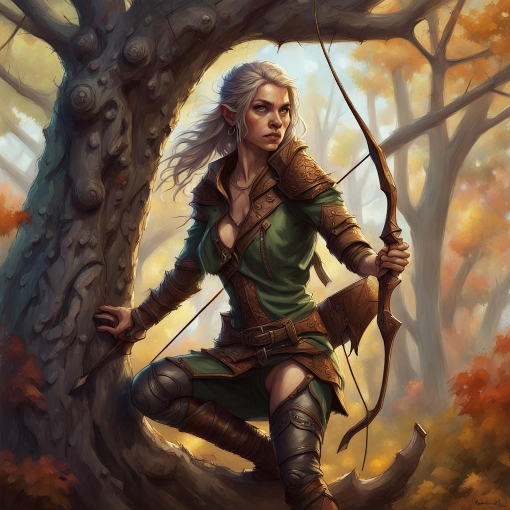 Half-Elf Rogue in a Tree, Hyperrealistic Splash Art