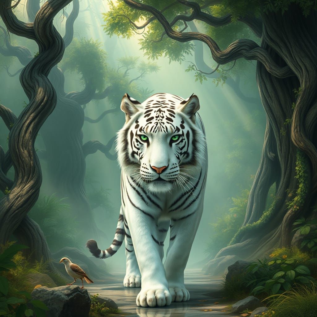 Whimsical Jungle Encounter: Majestic White Tiger in Enchante...