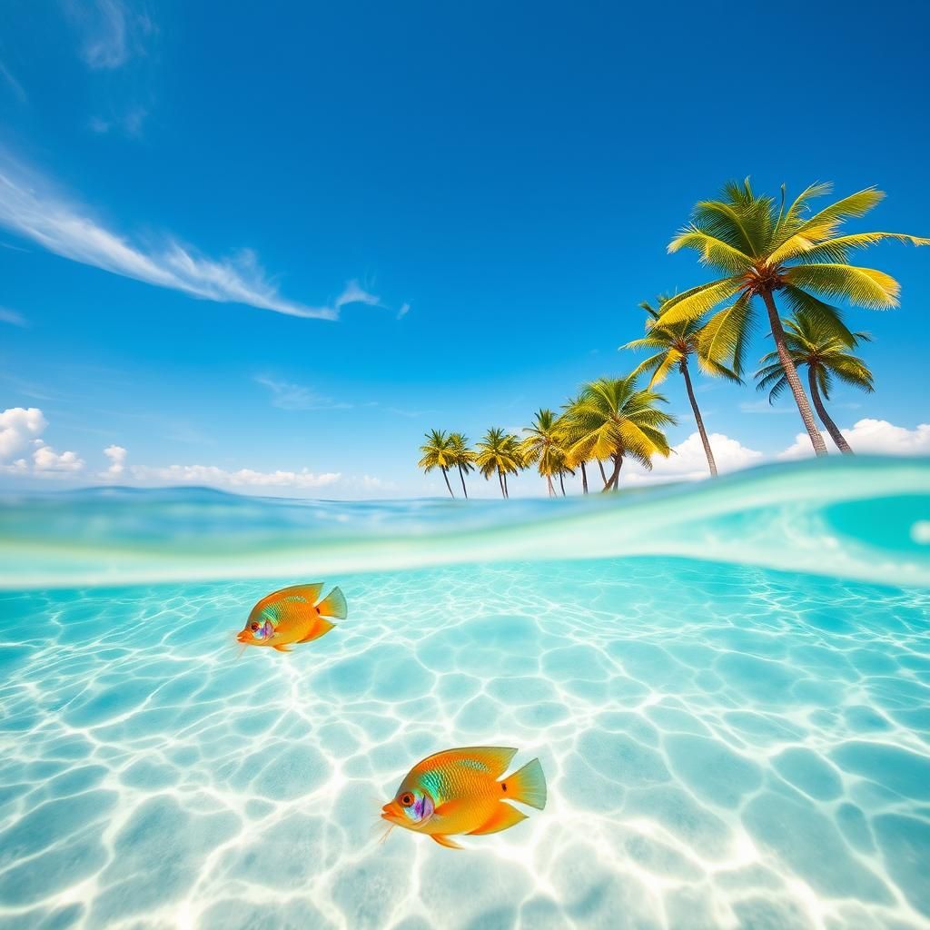 Tropical Beach Scene with Fish, Photorealistic Rendering