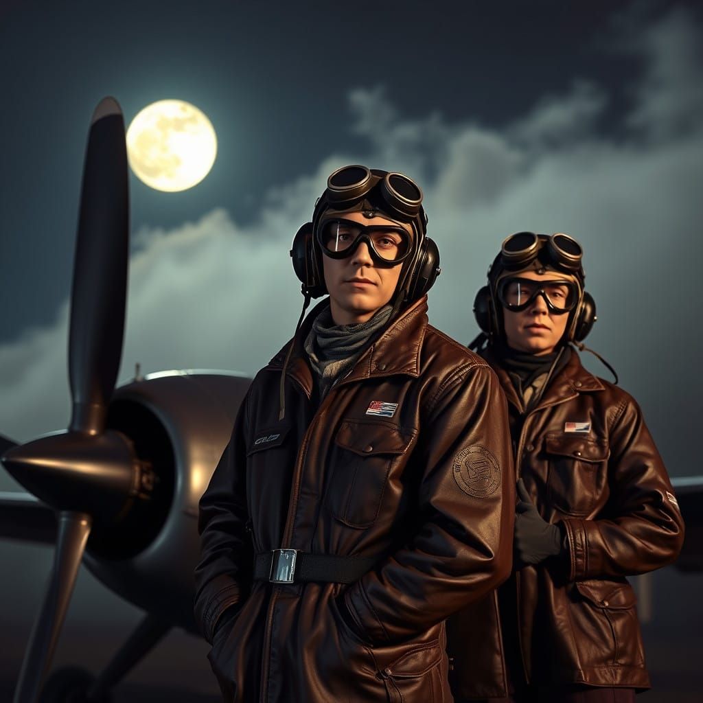 Vintage Aviators Prepare for Night Flight in a Glimmering Mo...