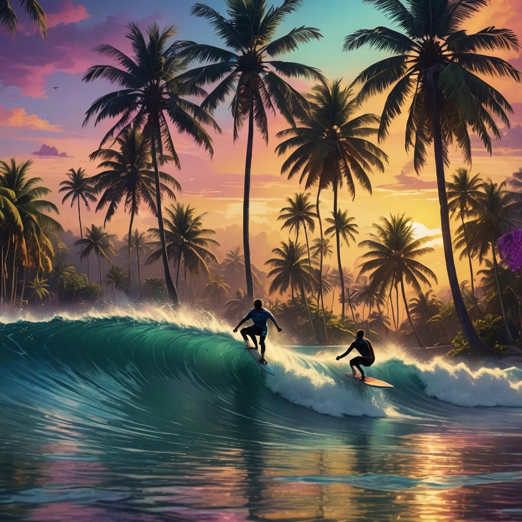 Surreal Tropical Paradise: Surfer on Caribbean Wave