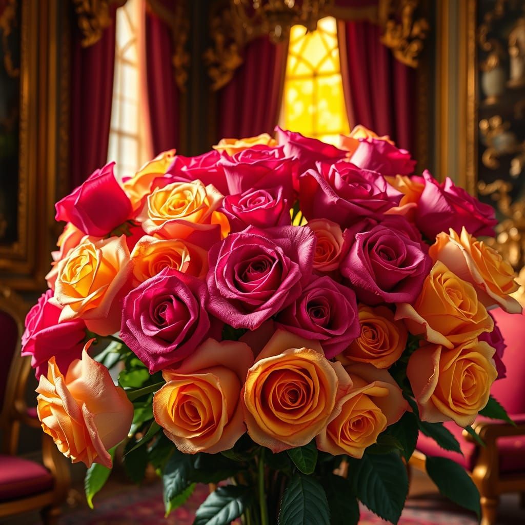 Roses in Royal Room with Golden Light