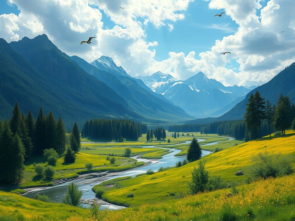 Majestic Landscape Painting with Soaring Birds