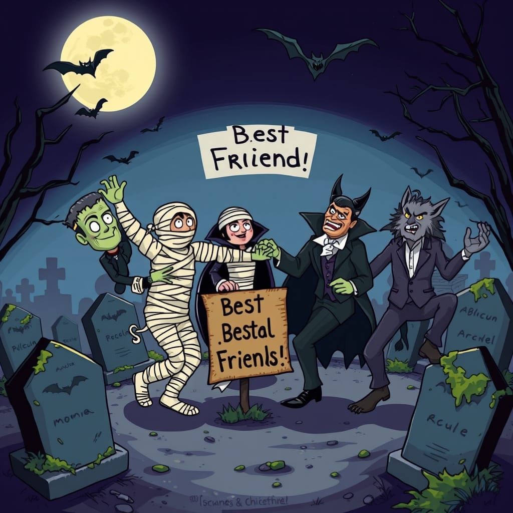 Movie Monsters Dance in Spooky Moonlight Cemetery