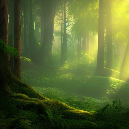 Gloomy Forest: Sun Rays Through Trees in Detailed Matte Pain...