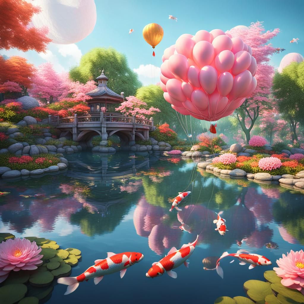 Balloon Over Koi Pond: Fantastical Matte Painting