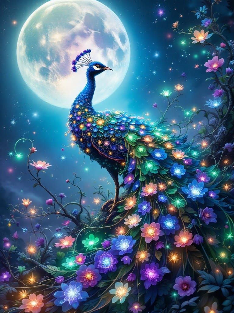 Majestic Peacock Adorned with Bioluminescent Blooms in Lunar...