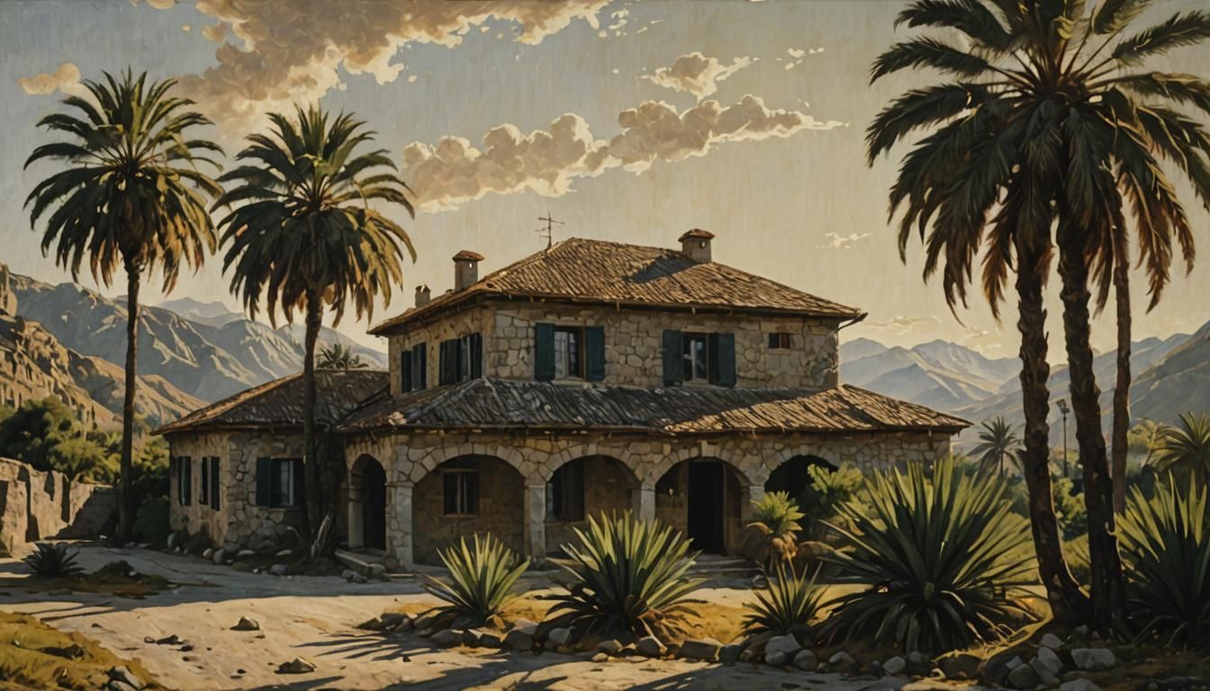 Stone House and Palms in Pyrène: Wyeth-Style Oil Painting