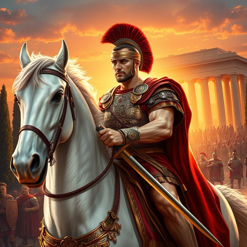 Roman Centurion in Ornate Armour Rides Majestic White Stalli...