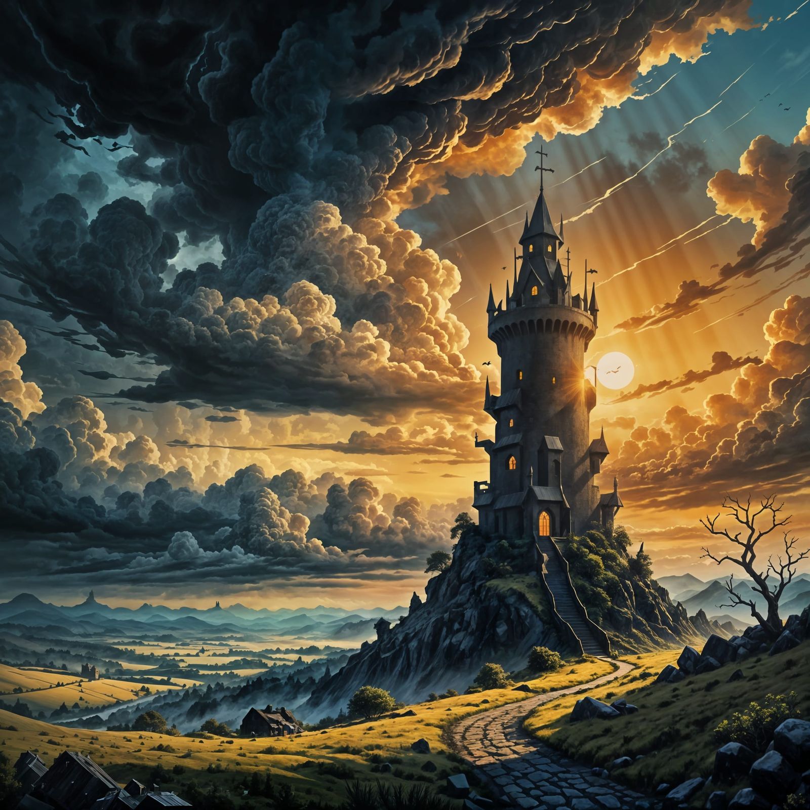 Ominous Tower in an Idyllic Fantasy Landscape