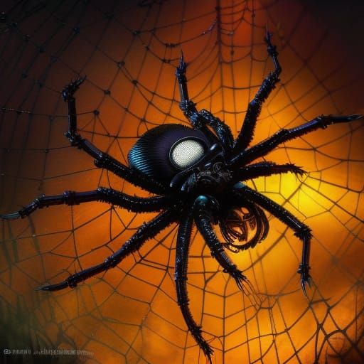 Steampunk Spider on Luminescent Web in Dark Concept Art