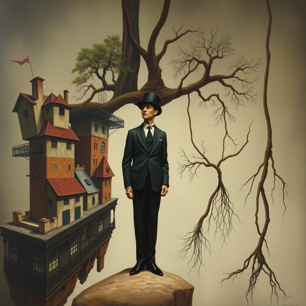 Surreal Upside-Down Cityscape with Portly Gentleman