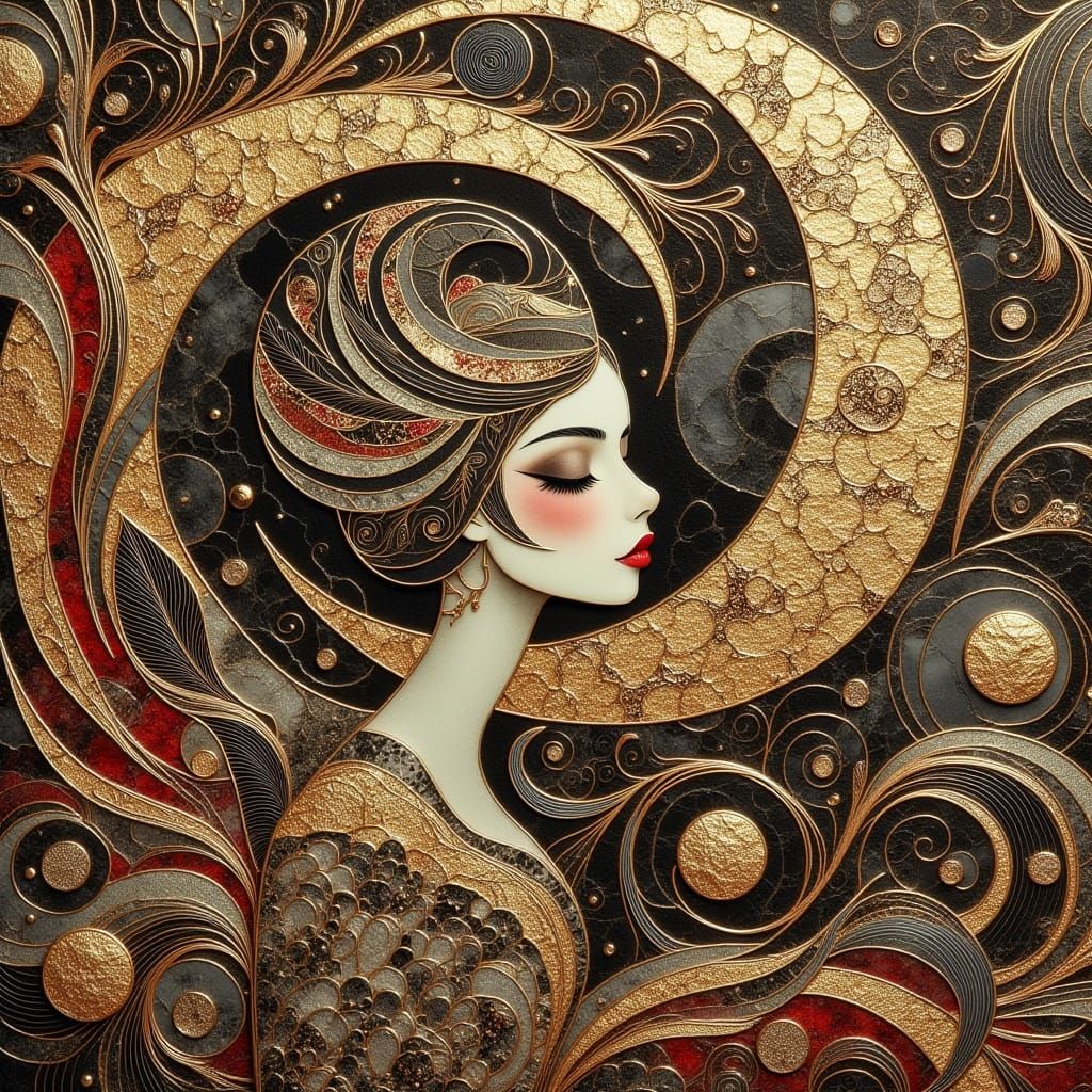 Abstract Layered Vintage (((surreal dreamscape))), alluring golden zentangles lady, Klimt<lora:Cloisonne:1.0>