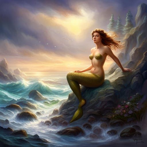 Ethereal Mermaid on a Rock, Fantasy Art