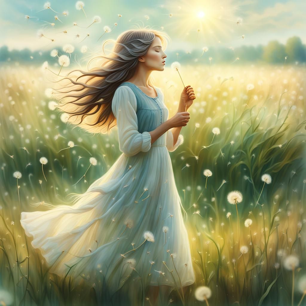 Woman Blowing Dandelions in Impressionist Style