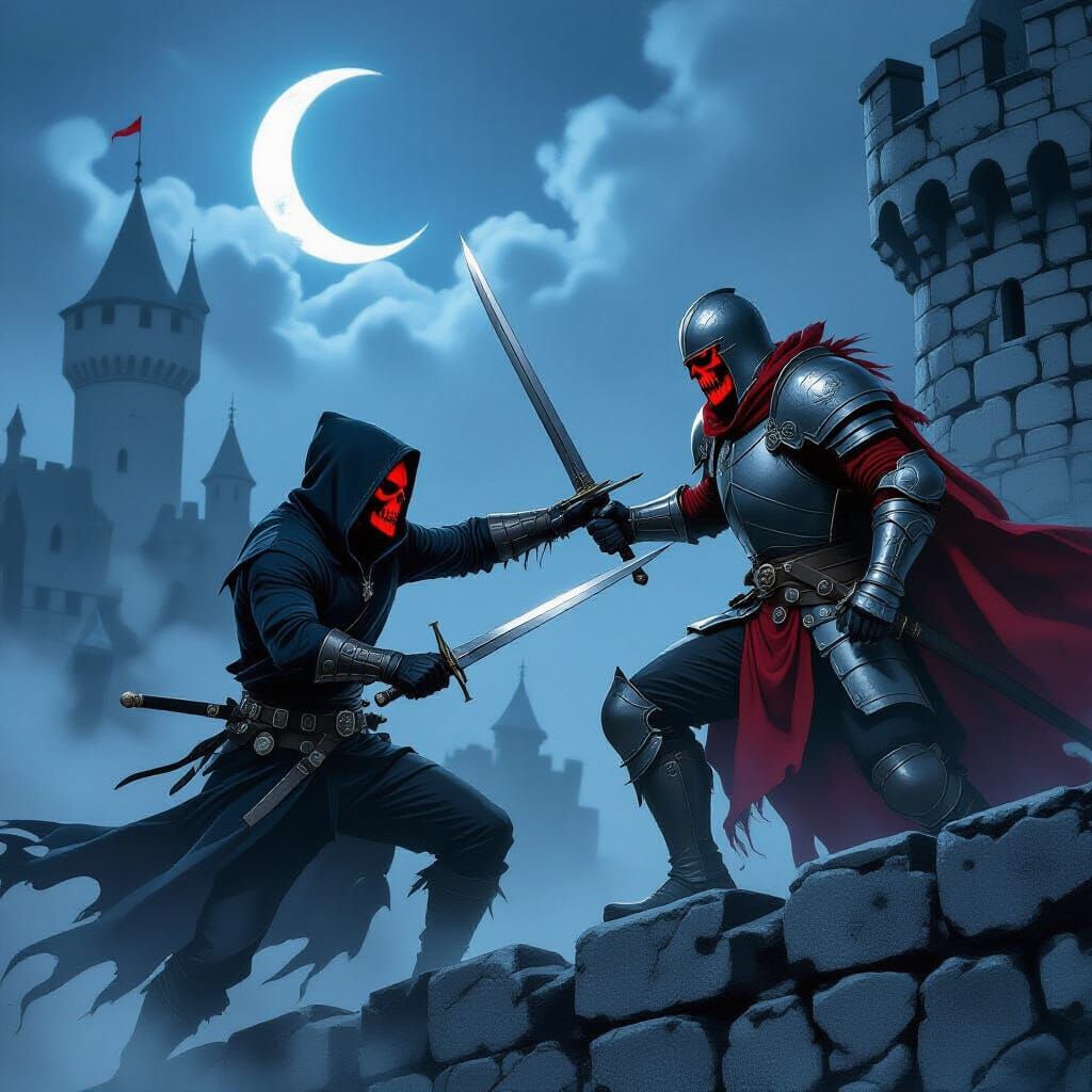 Skull Masked Man Battles Vampire Knight in Dark Fantasy Styl...