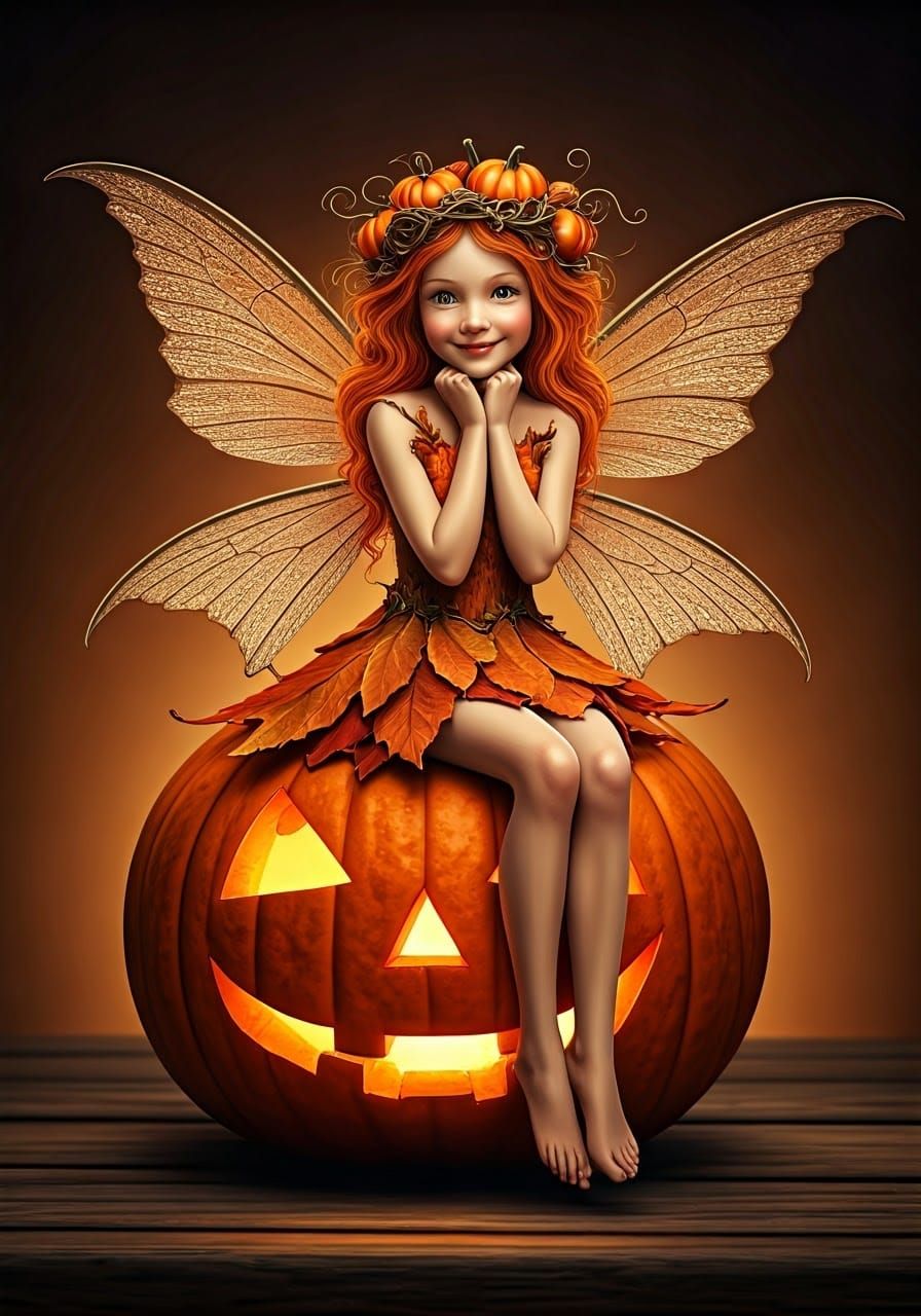 Autumn Fairy on Jack-o-Lantern in Whimsical Style