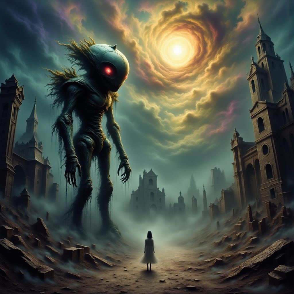 Automaton in Ruined City with Nebulae Sky