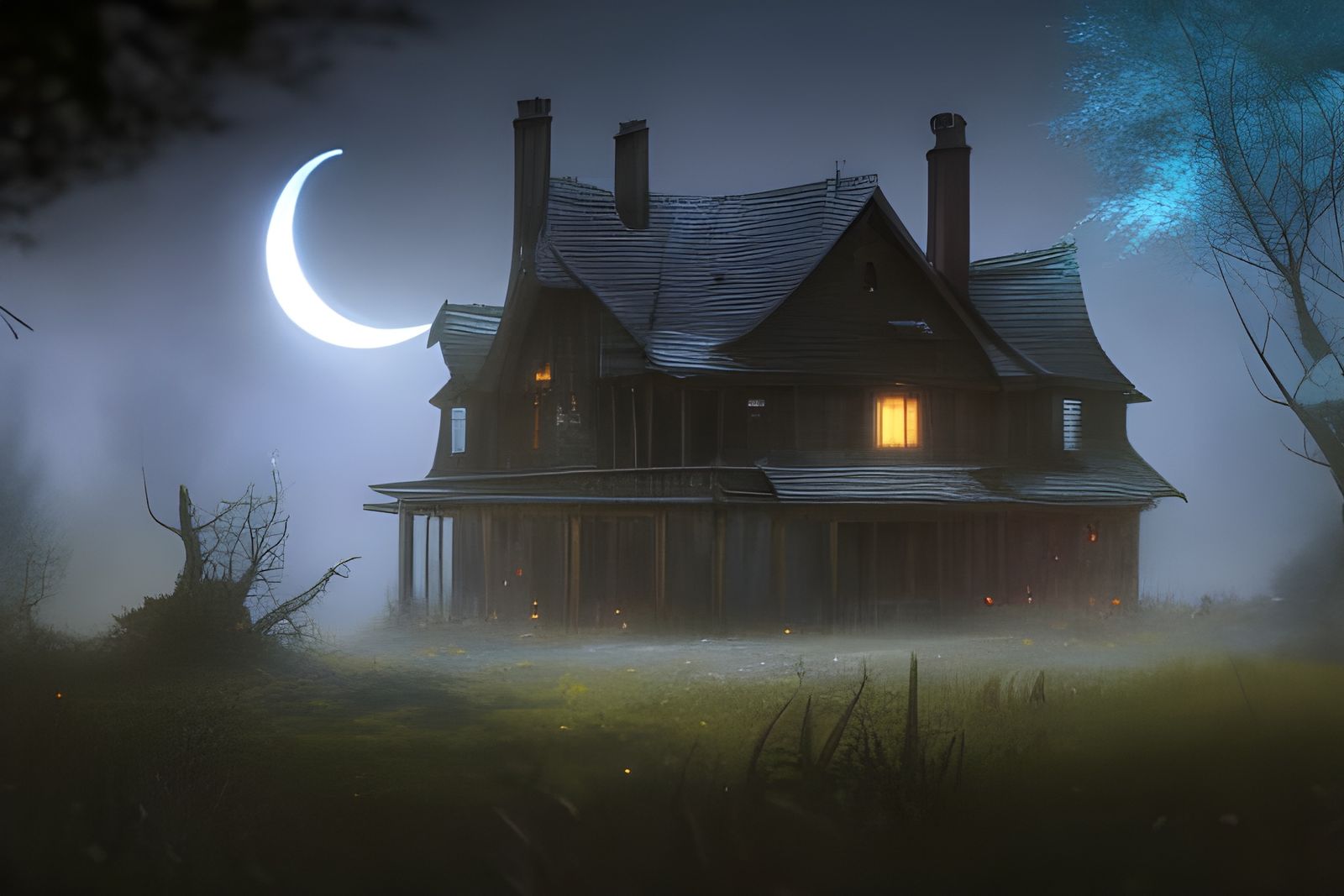 Eerie Abandoned House Under Moonlight: Fantasy Concept Art