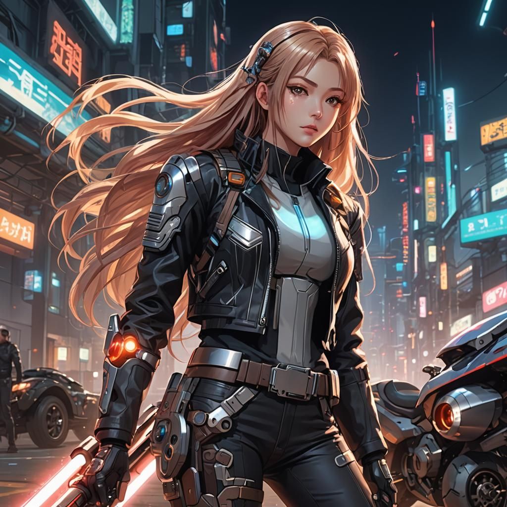 Anime Cyborg Girl with Hovercycle and Laser Katana