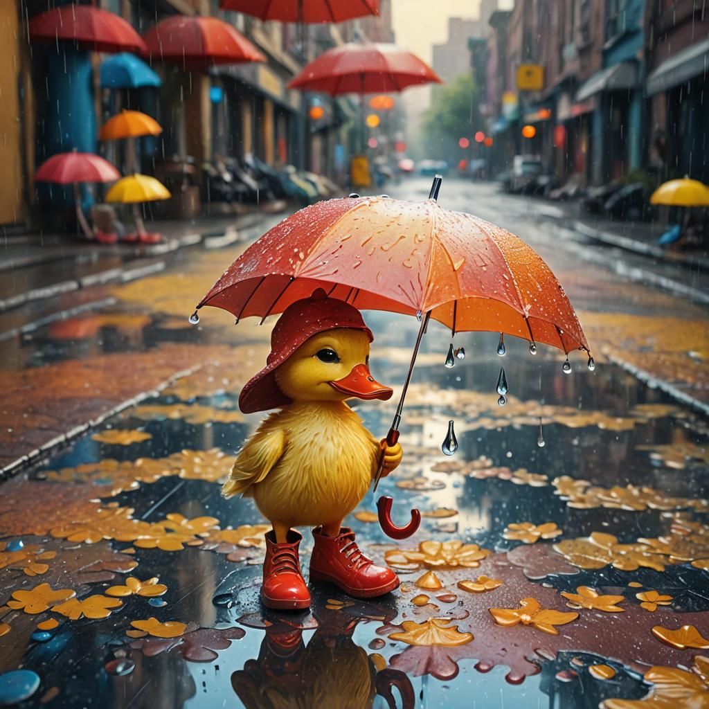 Duckling in Boots with Umbrella, Matte Painting