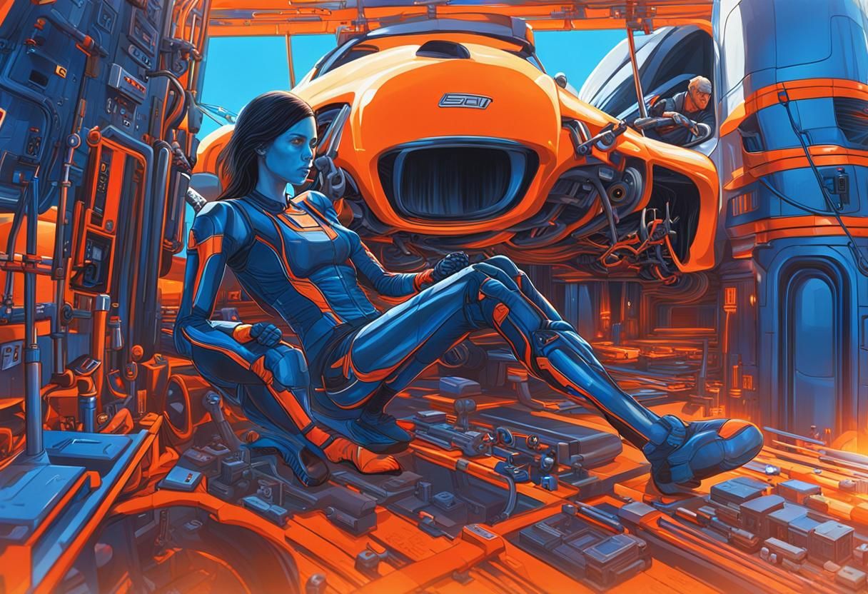 Futuristic Pit Crew at Racetrack, Biomechanical Matte Painti...