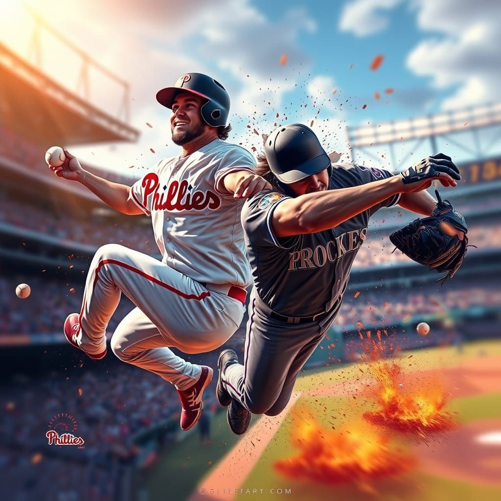 Baseball Players in Mid-Air, Hyperrealistic Splash Art
