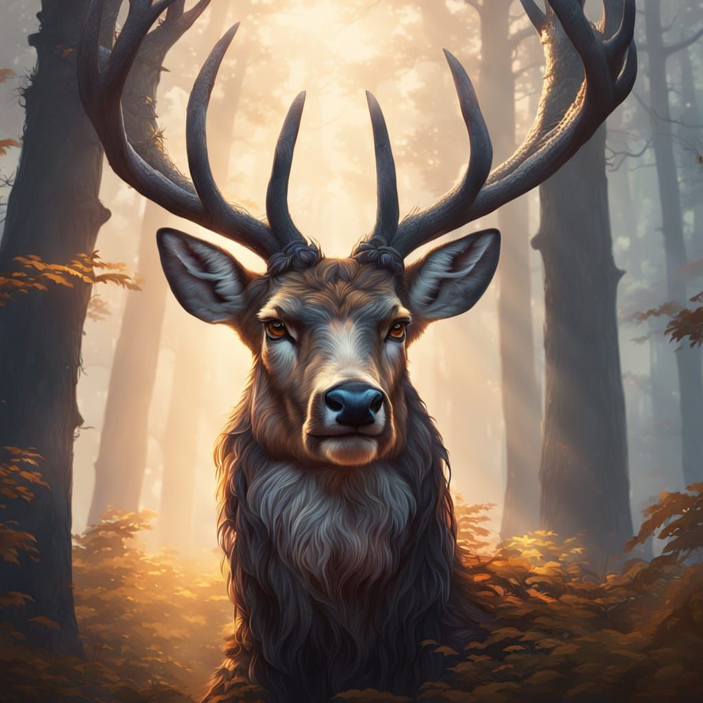 Majestic Runed Deer in Misty Forest: Fantasy Art
