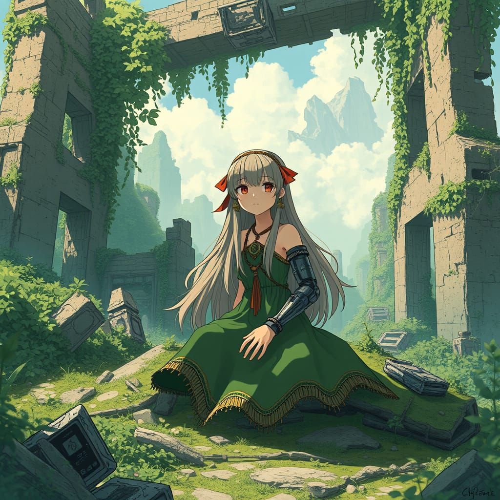 Anime Girl Finds Harmony in a Reclaimed Utopian Landscape