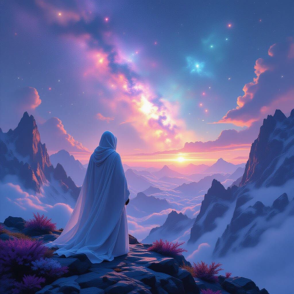 Ethereal Figure Gazing at Nebula Sky