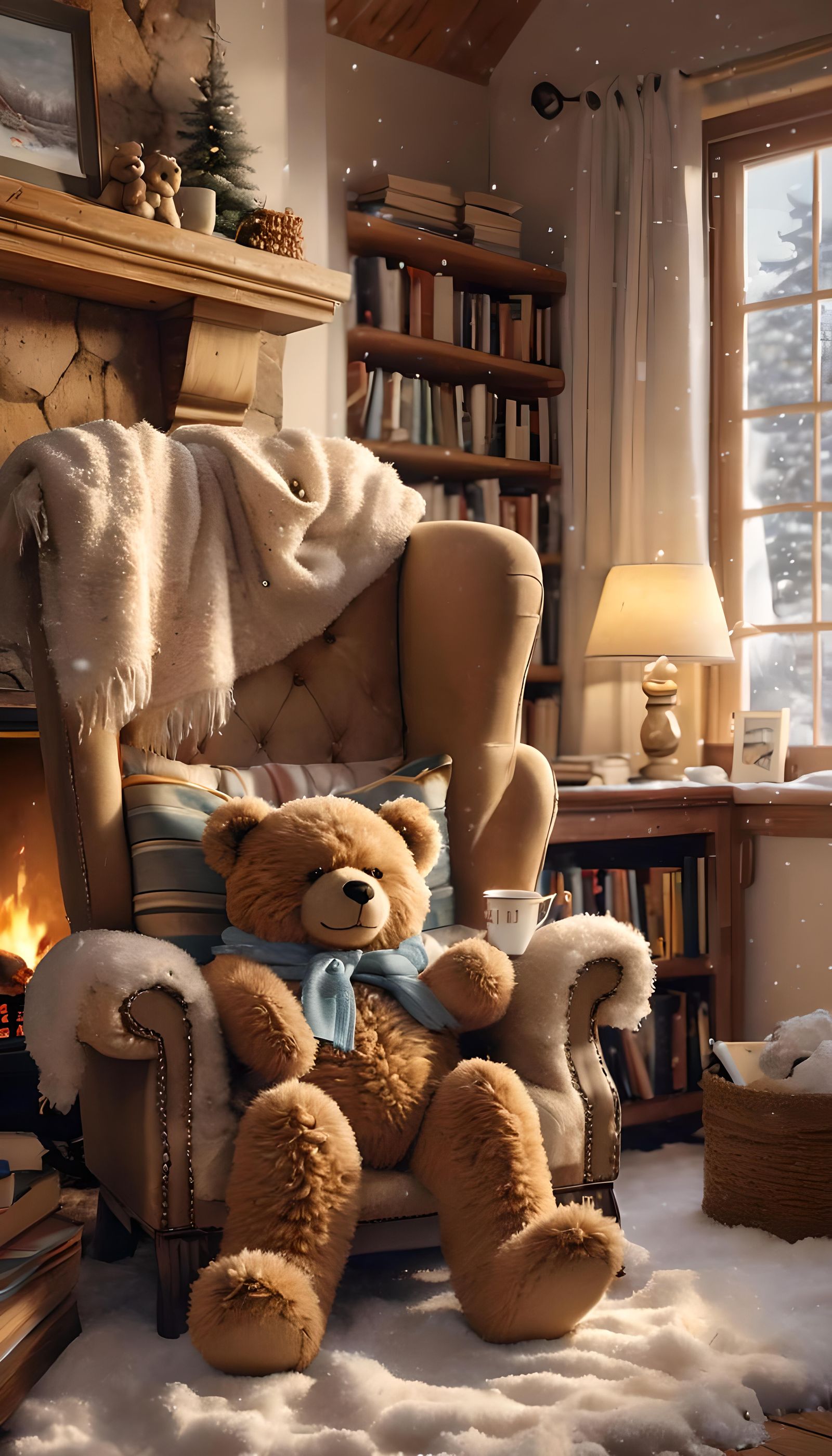 Cozy Teddy Bear Winter Scene