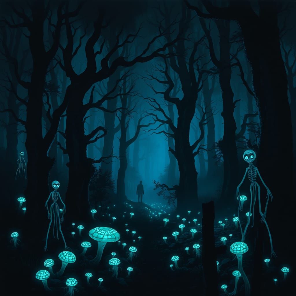 Eerie Bioluminescent Forest in Dark Fantasy Style
