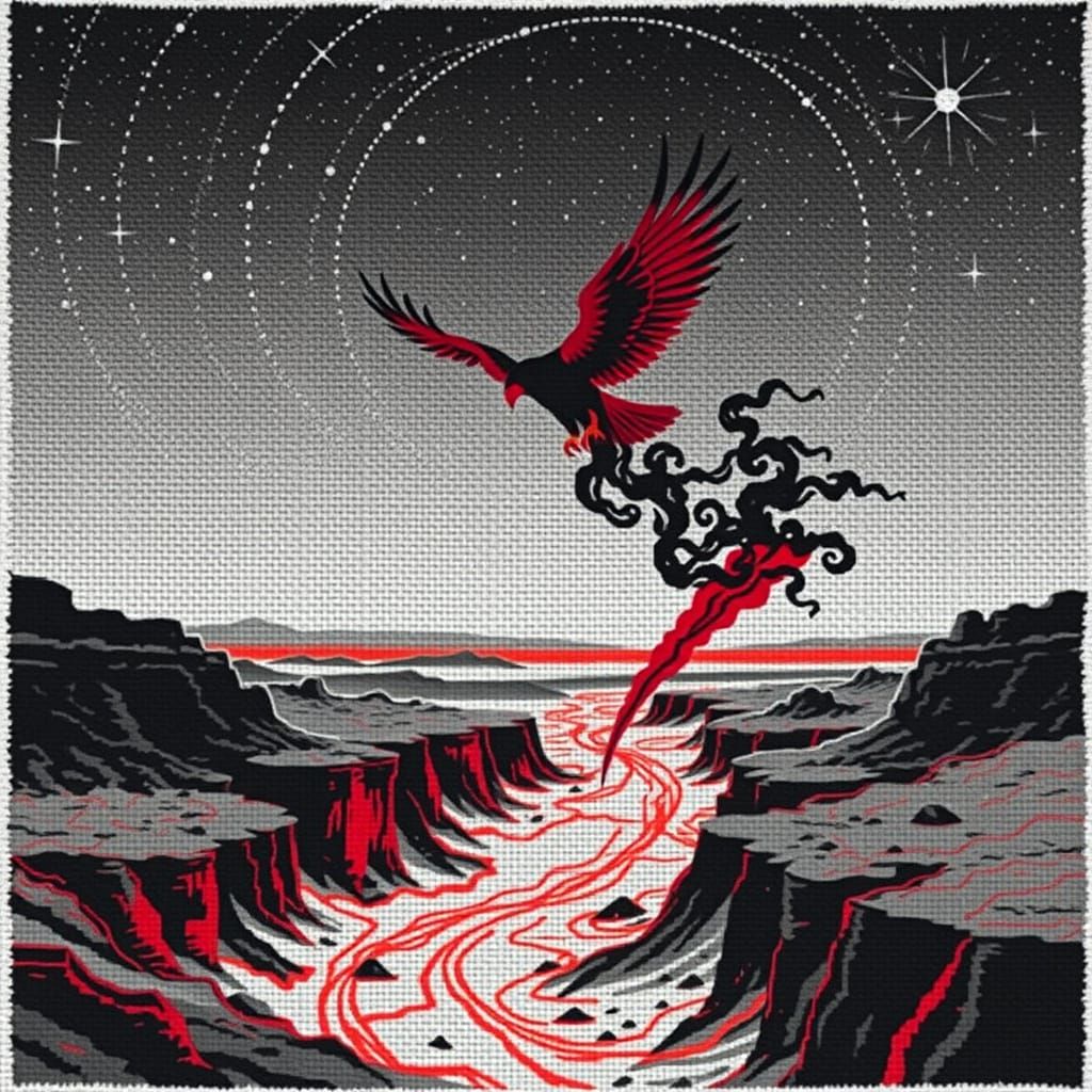 Stylized Cross-Stitch Landscape with Ethereal Condor