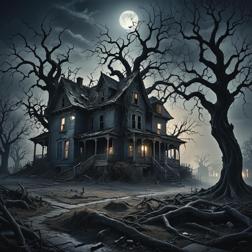Eerie Abandoned House with Shadow Demons in Dark Fantasy Sty...