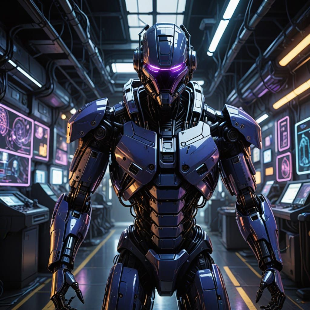 Robot Cyberpunk with Optical Pen and Pixel Halo