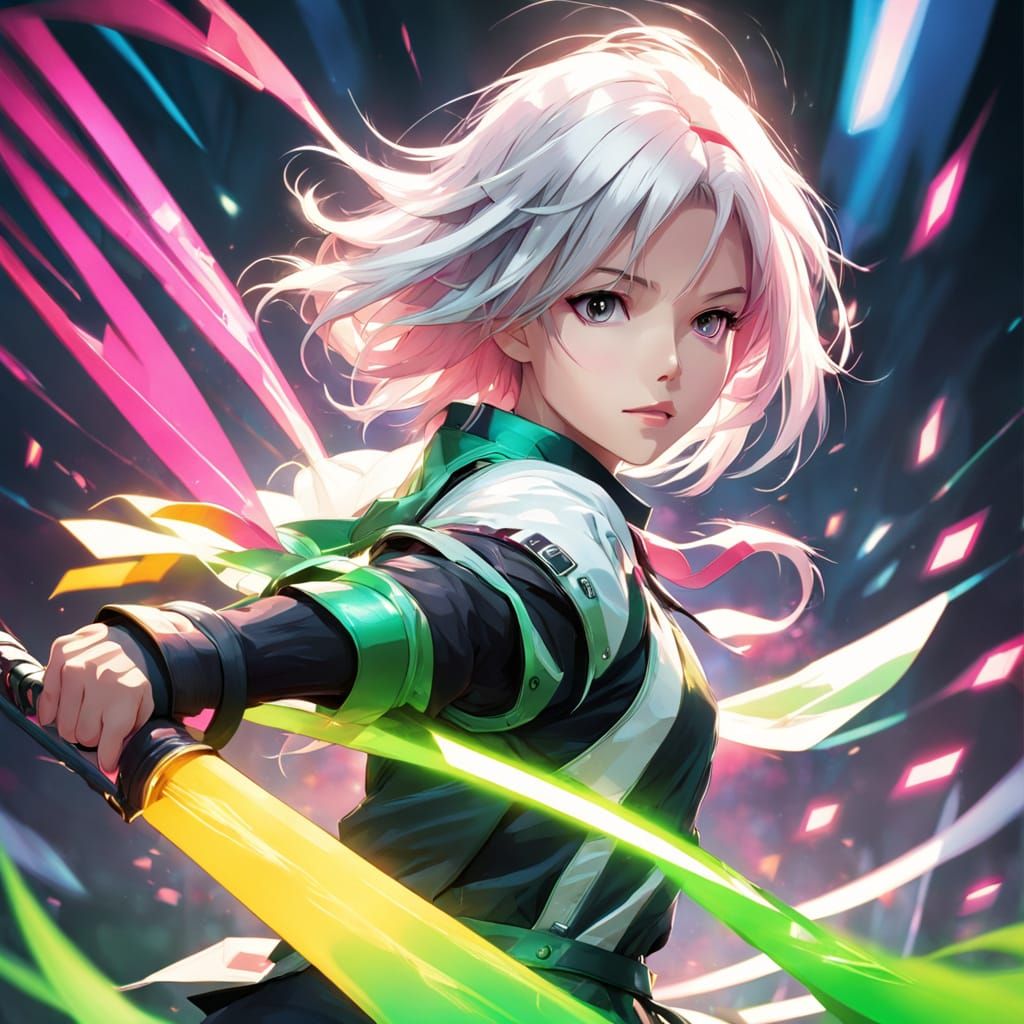 Anime-Style Fencer with Vibrant Pink and Green Attire