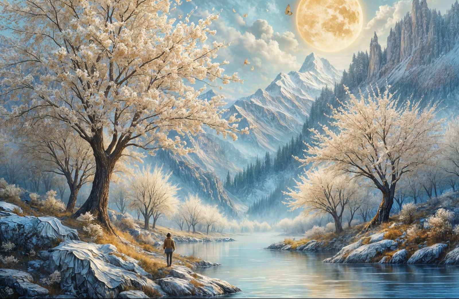 Ethereal White Almond Blossoms Under a Pearly Moon