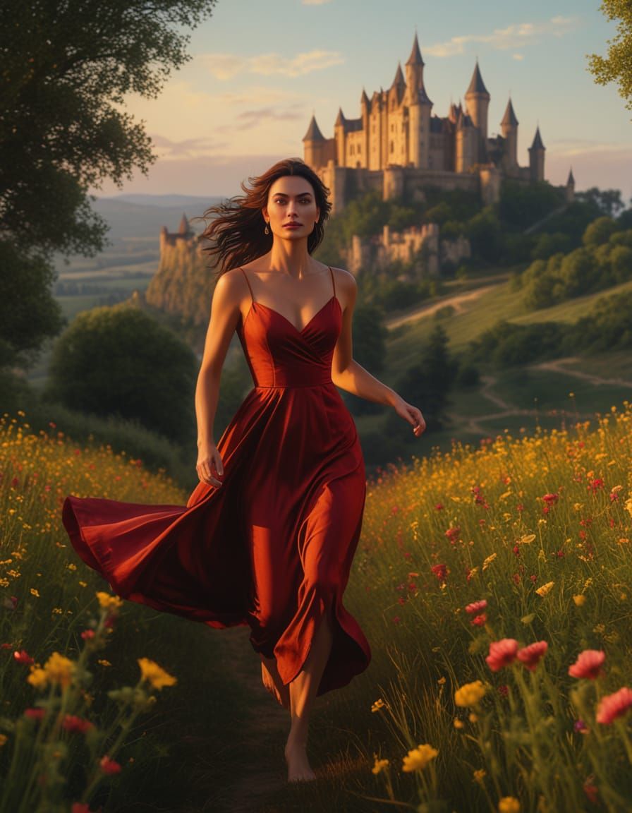 Woman in Crimson Gown Runs Through Wildflowers