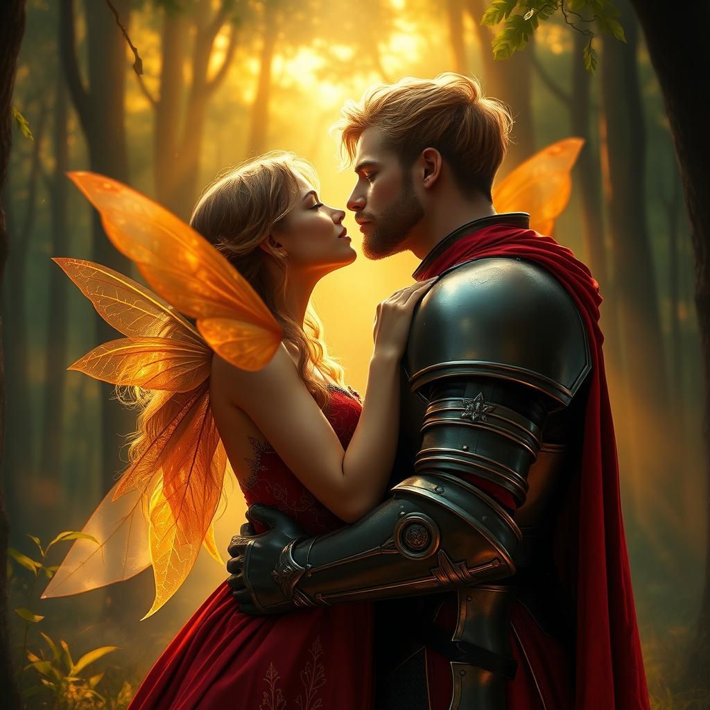 Knight and Fairy Kiss in Mystical Forest