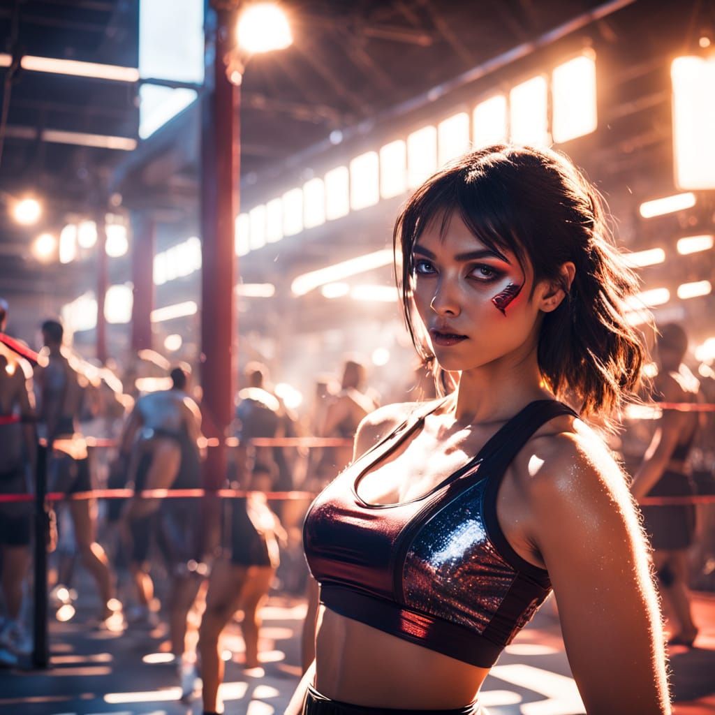 Asian Woman in Boxing Pose, Retro Style