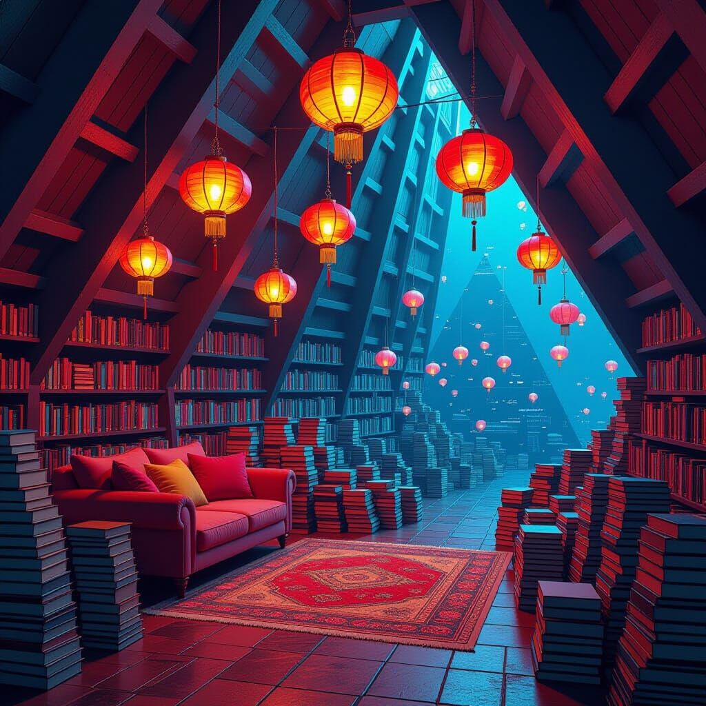 Cozy Pyramid Reading Nook in Moebius Style