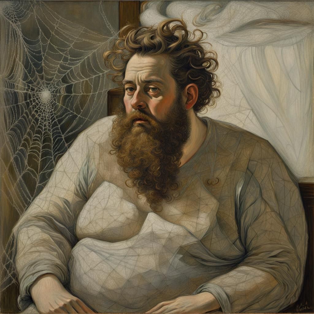 Corpulent Man in Spiderweb Dress: Oil Painting