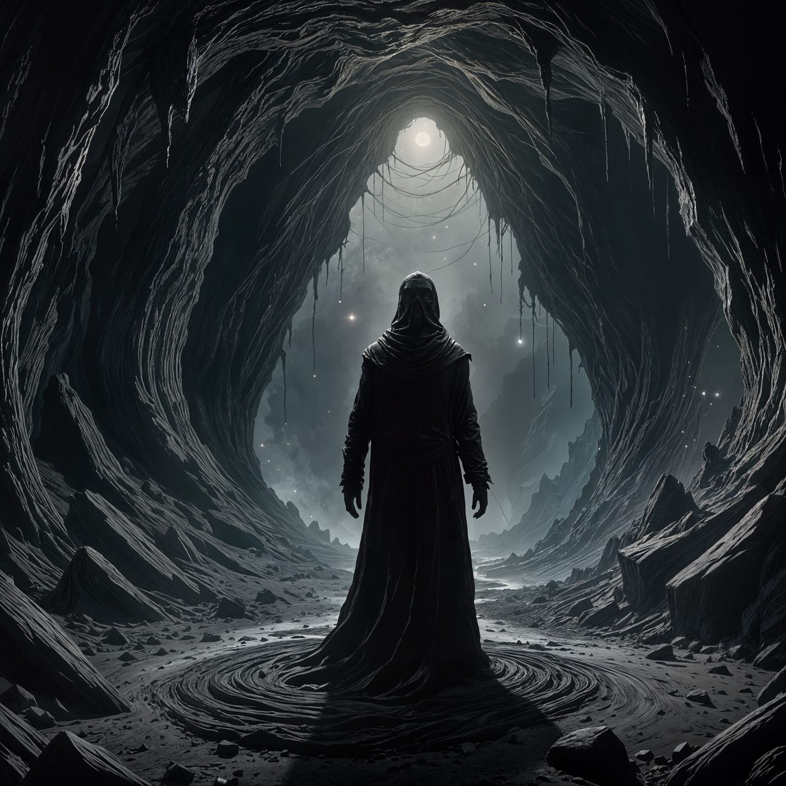 Ash and Shadow Figure in Starry Cavern