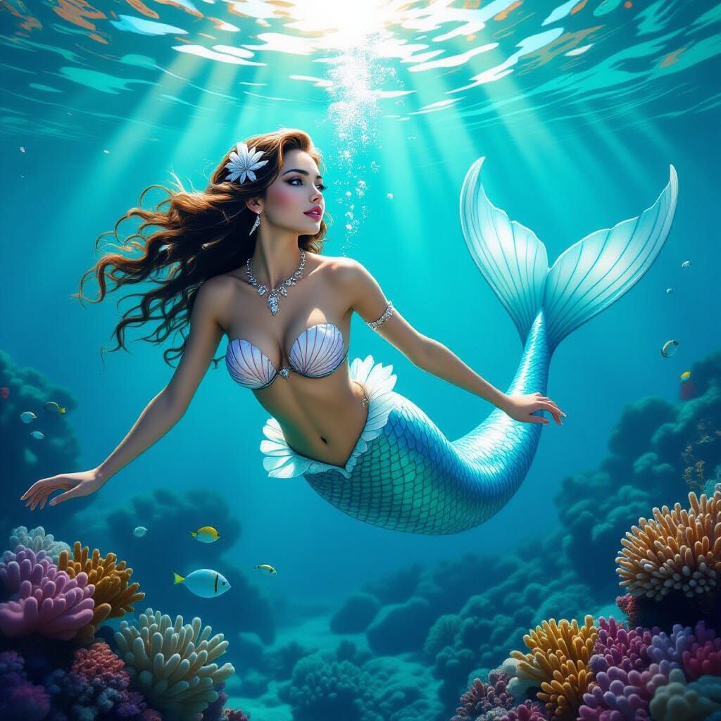 Photorealistic Mermaid Swimming in Coral Reef