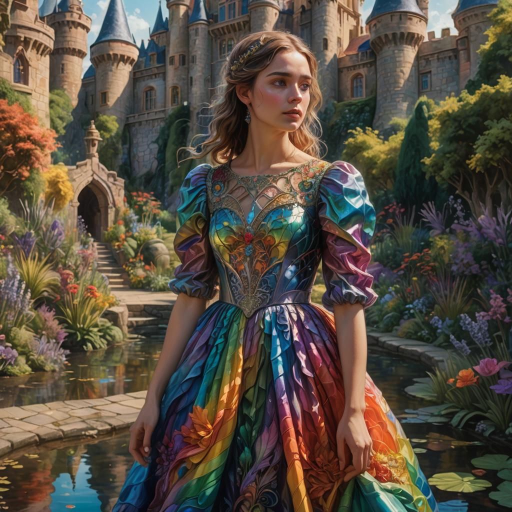 Rainbow Water Dress Girl in Fairy Garden