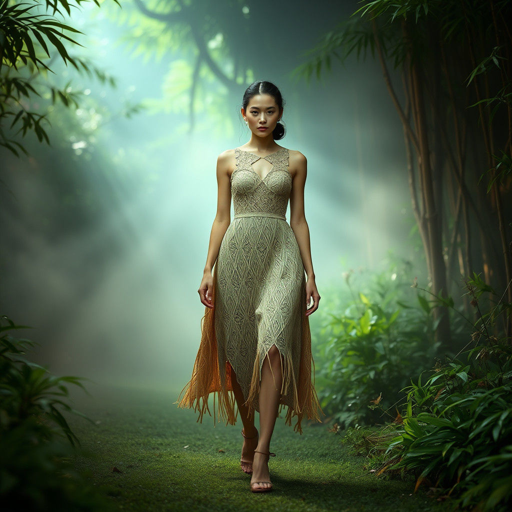 Model in Bamboo Dress on Misty Catwalk