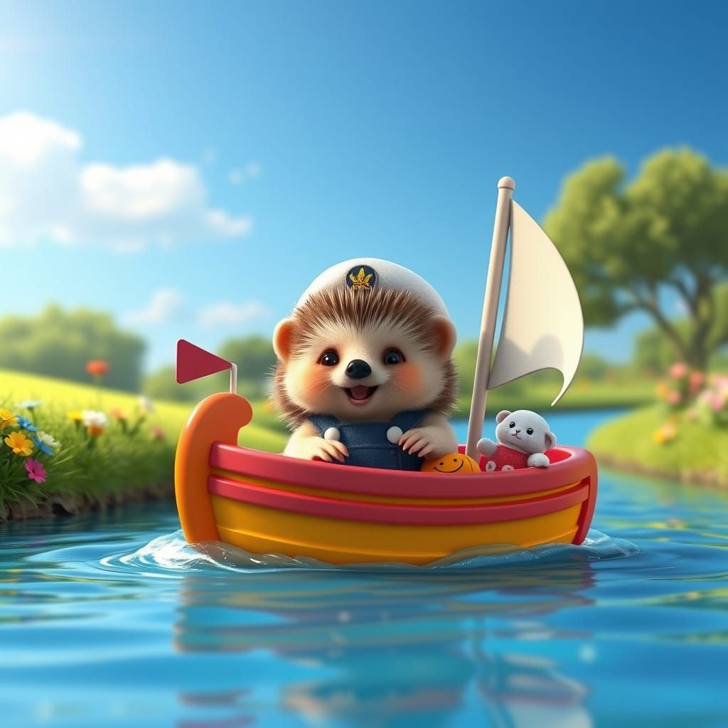 A Baby Hedgehog in a Toy Sailing Boat on a River in Vibrant ...