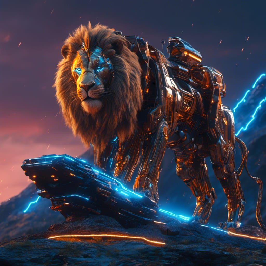 Futuristic Sci-Fi Lion on Mountain Top